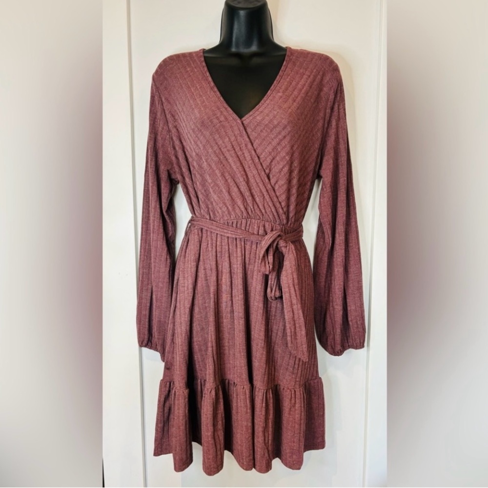 Gorgeous Purple Ribbed Ruffle Dress with Belt at Waist